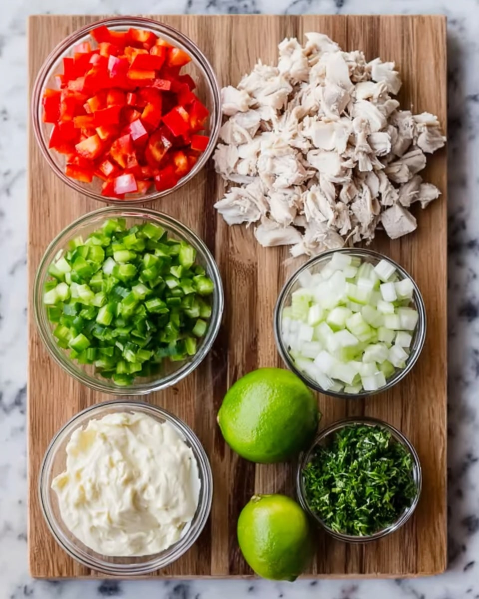 The image shows a wooden cutting board with six separate parts of a chicken salad recipe. At the center, there is a pile of chopped white cooked chicken. Surrounding it are four clear bowls with chopped vegetables: red bell peppers at the top left, white onions at the top right, green celery at the right middle, and chopped green herbs at the left middle. A small white bowl with creamy mayonnaise sits at the bottom left, and a whole green lime rests at the bottom right. The scene is set on a white marbled surface. photo taken with an iphone --ar 4:5 --v 7