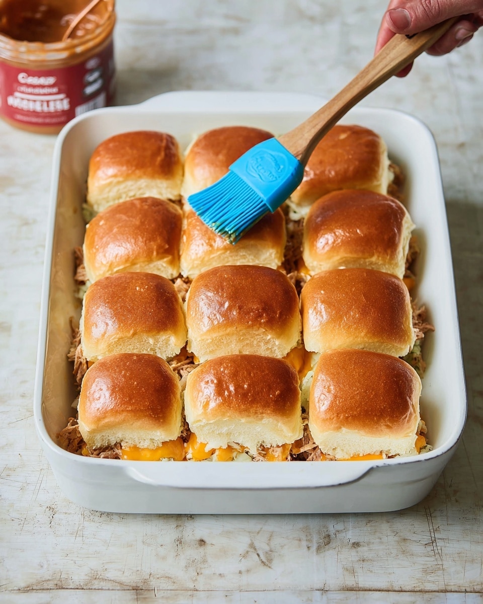 A white rectangular baking dish holds twelve slider sandwiches arranged in a 3 by 4 grid. Each slider has a shiny, golden brown top bun with a soft texture. Underneath the buns, layers of light-colored shredded meat and bright orange melted cheese are visible, slightly peeking out at the sides. A woman's hand is holding a wooden-handled blue silicone brush, spreading a shiny coating over one of the middle sliders. The dish is placed on a white marbled surface, and nearby there is a container of reddish-brown seasoned butter spread with a bright red label. photo taken with an iphone --ar 4:5 --v 7