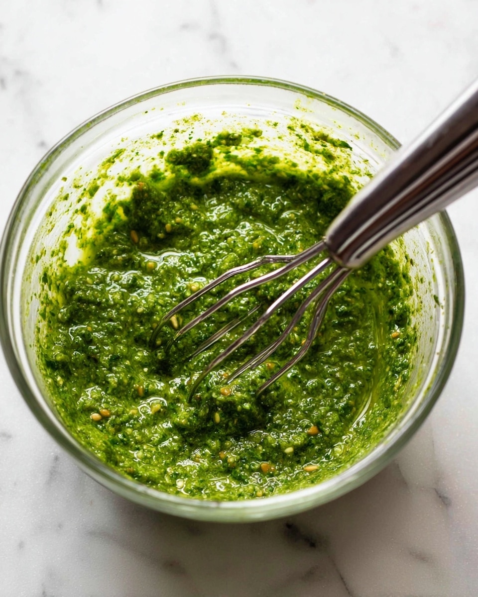 A clear glass bowl filled with a chunky bright green sauce with visible small bits of herbs and possibly nuts, being mixed by a metal immersion blender with a shiny silver finish. The texture looks thick and slightly oily with uneven green shades. The bowl is sitting on a white marbled surface. Photo taken with an iphone --ar 4:5 --v 7