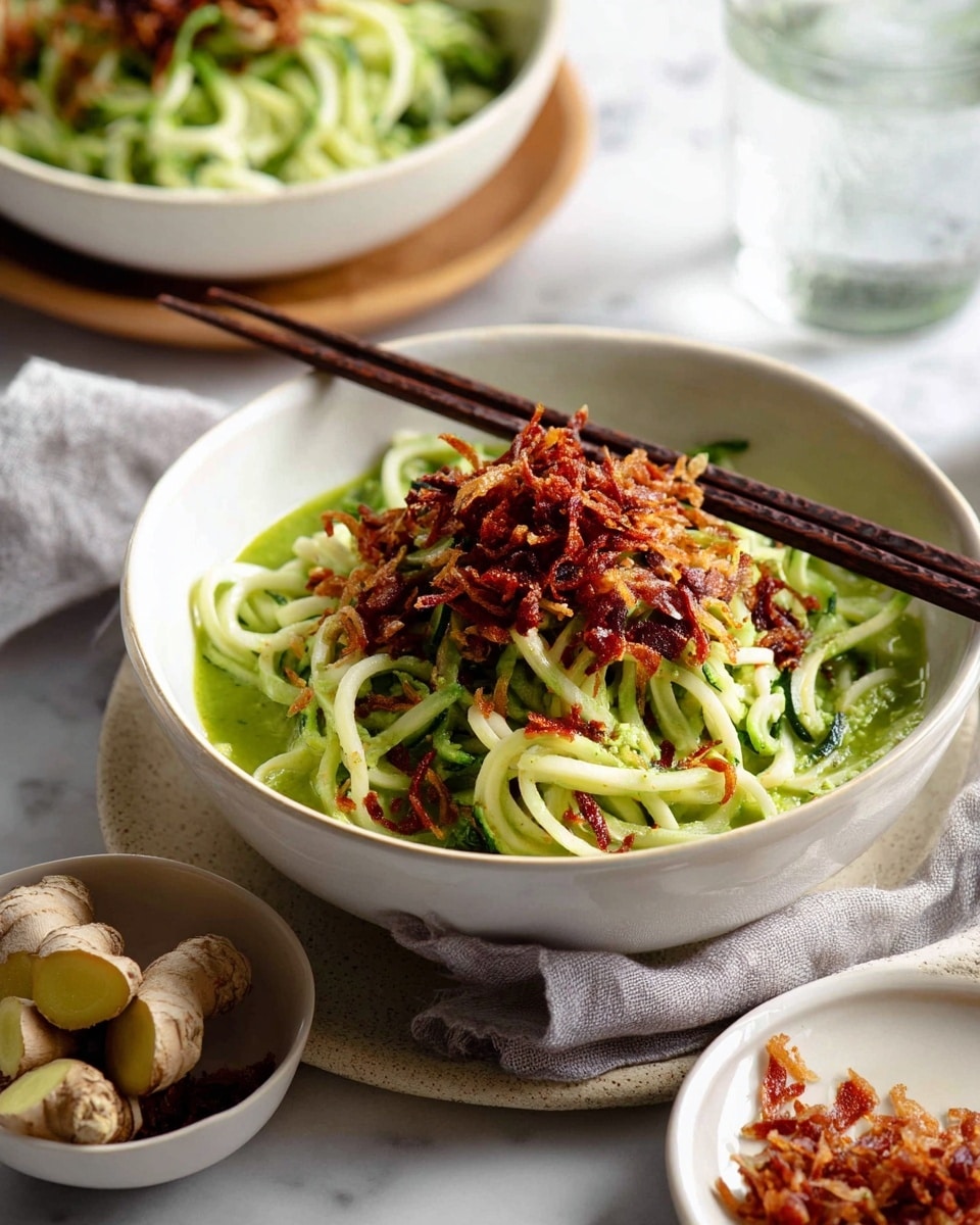 A white bowl filled with spiralized light green noodles tossed in a bright green sauce is topped with a layer of reddish-brown crispy fried shallots and a small drizzle of dark red sauce. Dark brown chopsticks rest against the bowl's edge, holding some noodles. The bowl is on a light beige round tray with a soft grey cloth napkin beneath. Sliced pieces of ginger and a small white dish with more crispy shallots are arranged nearby, all set on a white marbled surface. In the blurry background, another white bowl with the same noodles is visible along with a glass of water. Photo taken with an iphone --ar 4:5 --v 7