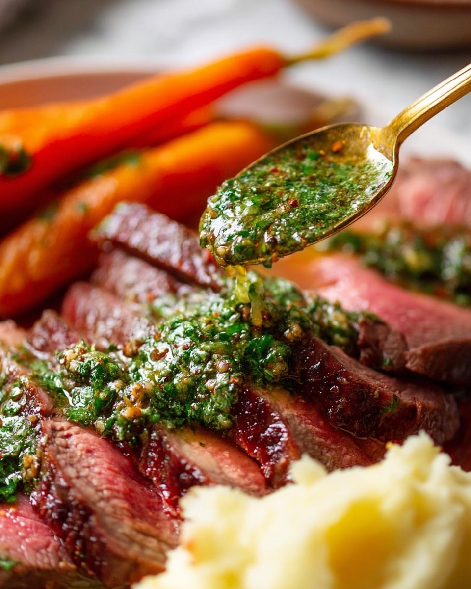 The image shows sliced steak with a pink center and brown edges, topped with a bright green sauce that looks like chimichurri, which is spread evenly over the meat. A golden spoon is holding some of the sauce above the steak. In the background, there are orange-colored cooked carrots and some mashed potatoes in the bottom front of the image, both on a white plate. The whole setting is on a white marbled surface. Photo taken with an iphone --ar 4:5 --v 7