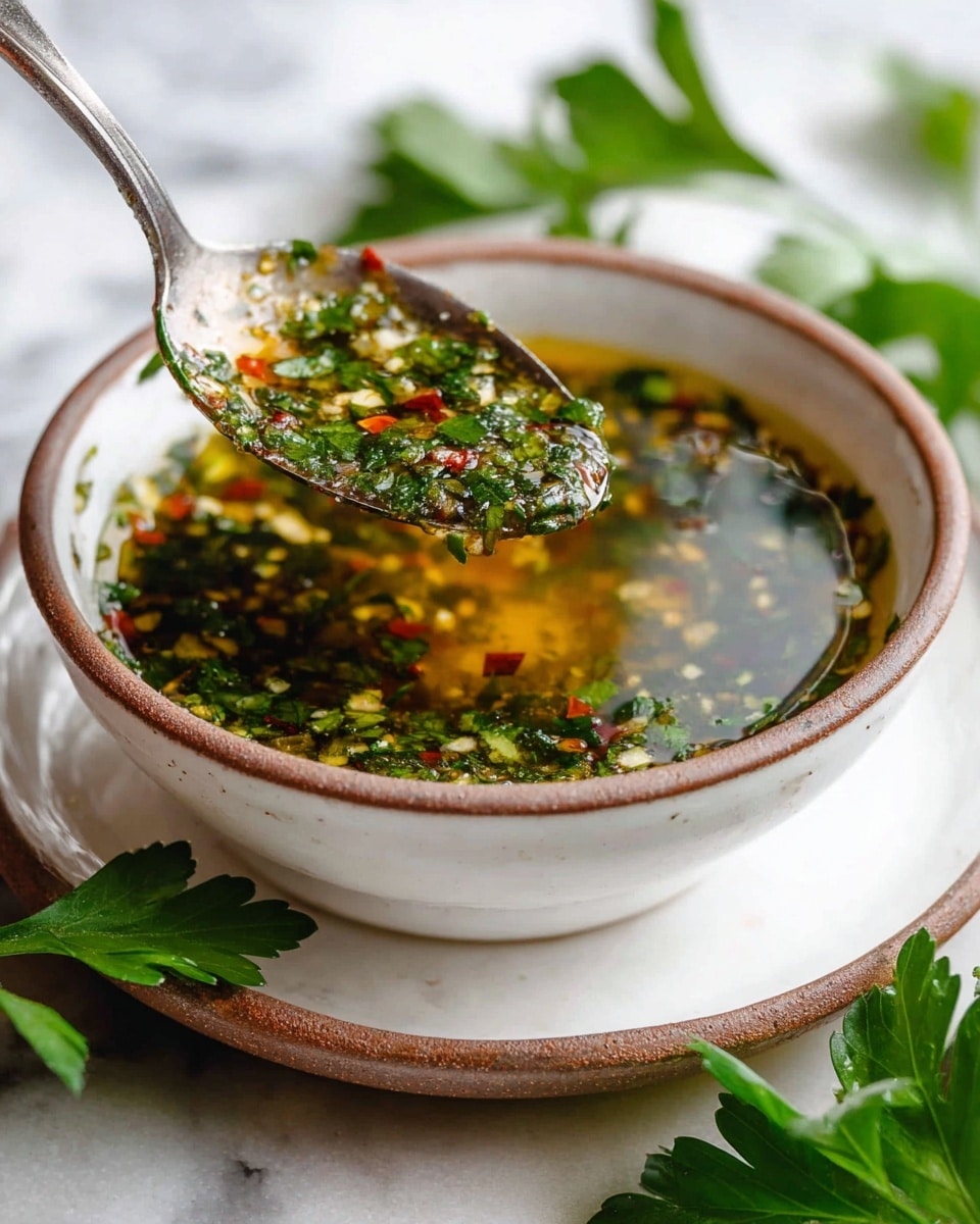 A white bowl with a brown rim filled with a clear greenish sauce that has visible small pieces of herbs, red chili flakes, and garlic bits, sitting on a matching white saucer with a brown rim on a white marbled surface. A metal spoon is scooping the sauce, showing a shiny mix of finely chopped green herbs and spices. Fresh green parsley leaves lie around the bowl, adding a fresh touch. photo taken with an iphone --ar 4:5 --v 7