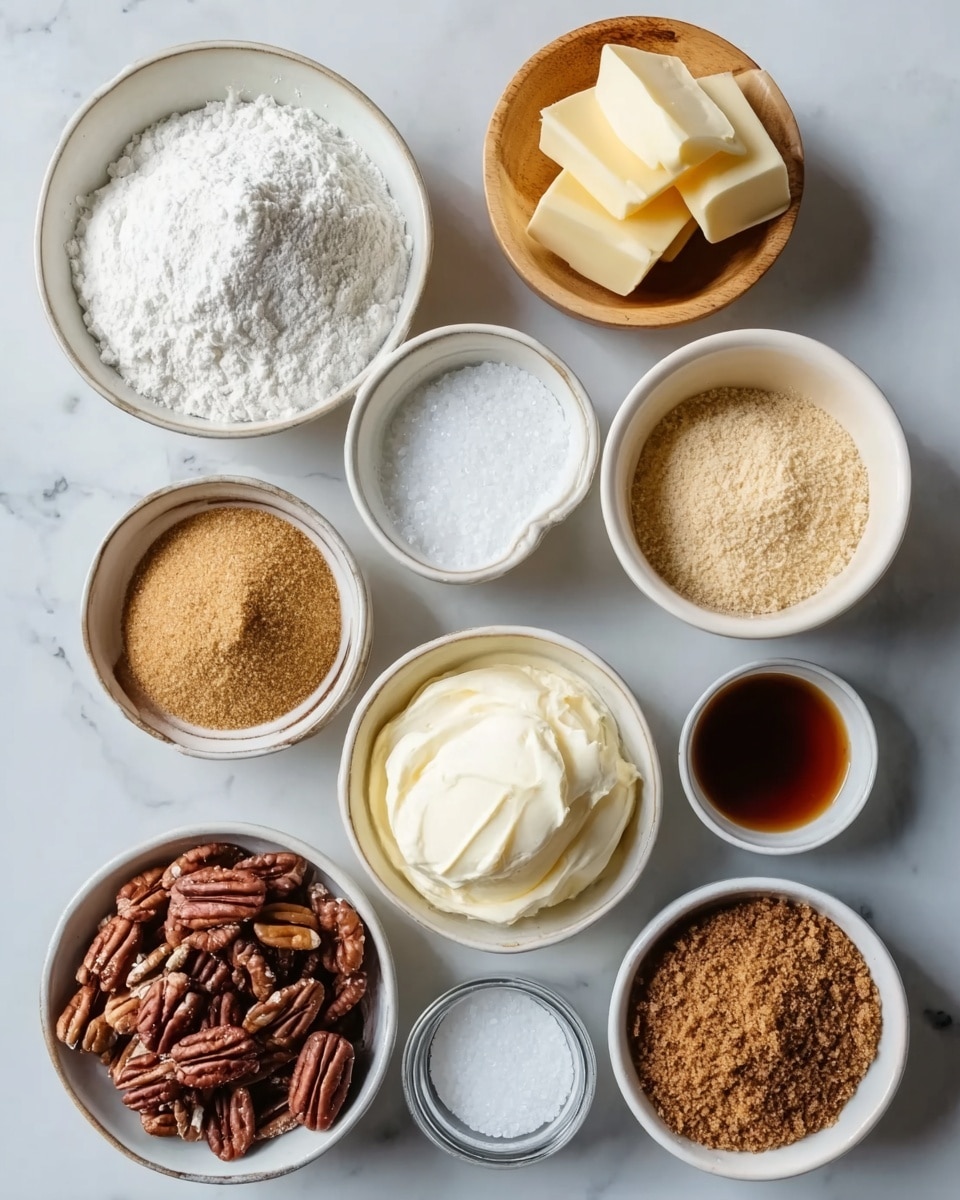 The image shows eleven small white ceramic bowls arranged closely on a white marbled surface. Starting from the top right going clockwise, one bowl holds four slices of pale yellow butter stacked unevenly in a small wooden bowl, next to it a white bowl contains a smooth, thick mound of cream cheese. Below is a bowl filled with light brown soft brown sugar, then a bowl with dark brown pecan halves laid flat, followed by a bowl holding thick, soft white cream. Moving upwards, a tiny bowl contains dark amber vanilla extract beside a white bowl of white granulated sugar. Above is a bowl full of fine brown graham cracker crumbs. To the left in the center, a bowl of white powdered sugar with some clumps visible occupies the frame. A very small bowl with fine white salt sits above it near the center. The overall setting looks neat and ready for baking preparation. Photo taken with an iphone --ar 4:5 --v 7