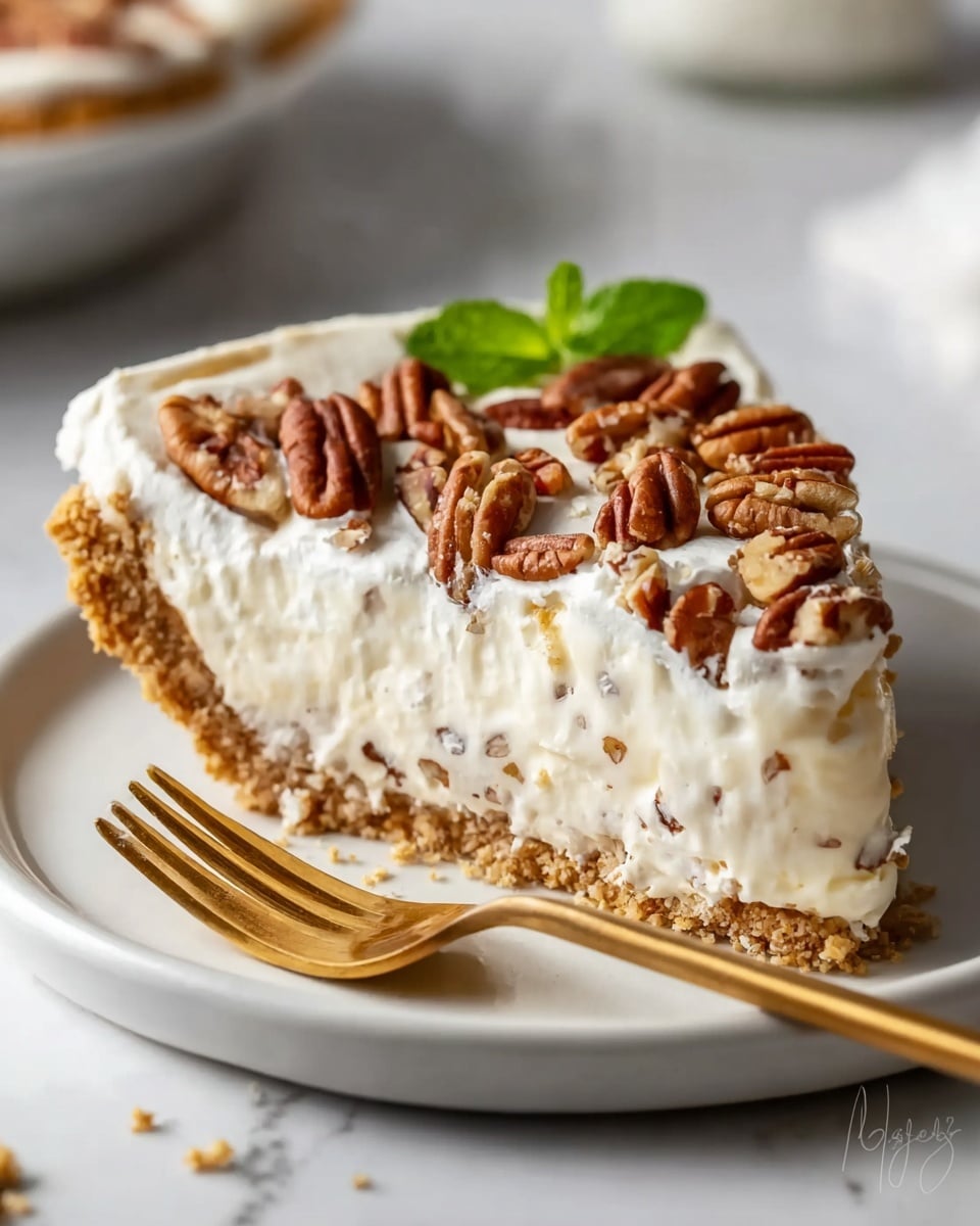 A slice of creamy white pie with three clear layers sits on a white plate on a white marbled surface. The bottom layer is a light golden brown crust, crumbly in texture. The middle layer is thick, soft, and white with small specks of brown nut pieces mixed inside. The top layer is a generous spread of white cream topped with whole and chopped shiny brown pecans scattered across, with a small green mint leaf placed at the back for color contrast. A shiny gold fork lies next to the slice on the plate. Photo taken with an iphone --ar 4:5 --v 7