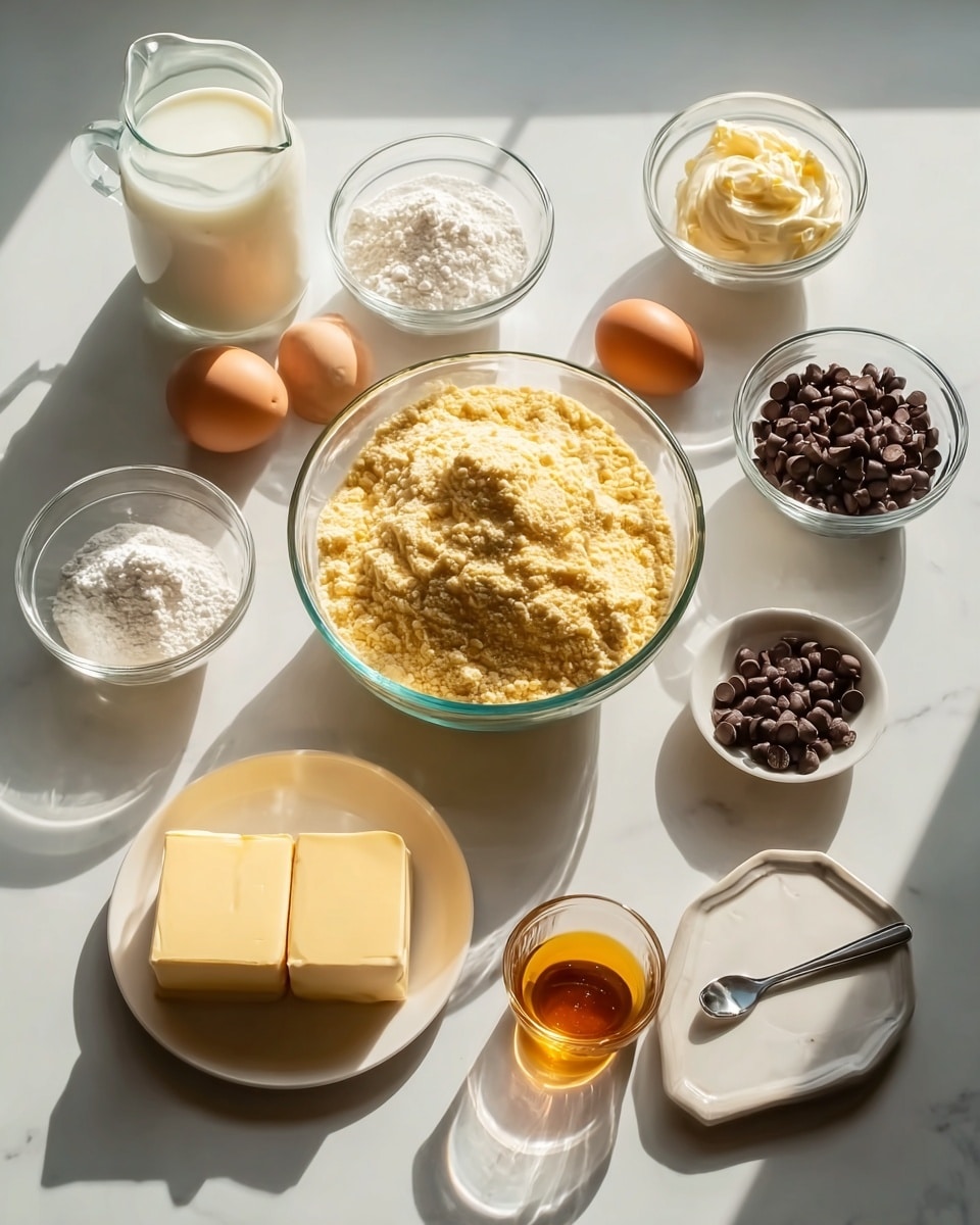 The image shows various baking ingredients arranged neatly on a white marbled surface with sunlight casting soft shadows. At the center is a bowl filled with yellowish flour or cornmeal. Surrounding it are two brown eggs placed close together, a clear glass pitcher with white milk, a small glass bowl with light yellow thick cream, a small glass bowl of white powdered sugar, and a small glass bowl filled with dark chocolate chips. There is also a white plate holding two white blocks of cream cheese, a white plate with a square of yellow butter, a clear measuring cup containing golden liquid (likely oil), and a small metal spoon filled with amber syrup. photo taken with an iphone --ar 4:5 --v 7