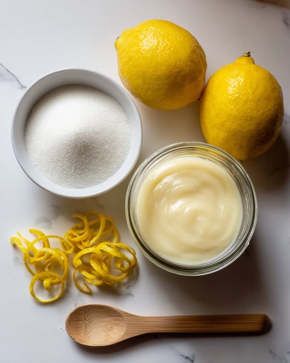The image shows a white bowl filled with fine white sugar on the left, a clear glass jar with smooth, creamy pale yellow lemon curd in the center, and three whole bright yellow lemons next to the jar on a white marbled surface. Below the lemons, there are several curly lemon peels in a small pile. At the bottom of the image, a light wooden spoon lies horizontally. The scene is lit softly from above, highlighting the smooth texture of the lemon curd and the shiny skin of the lemons. Photo taken with an iphone --ar 4:5 --v 7