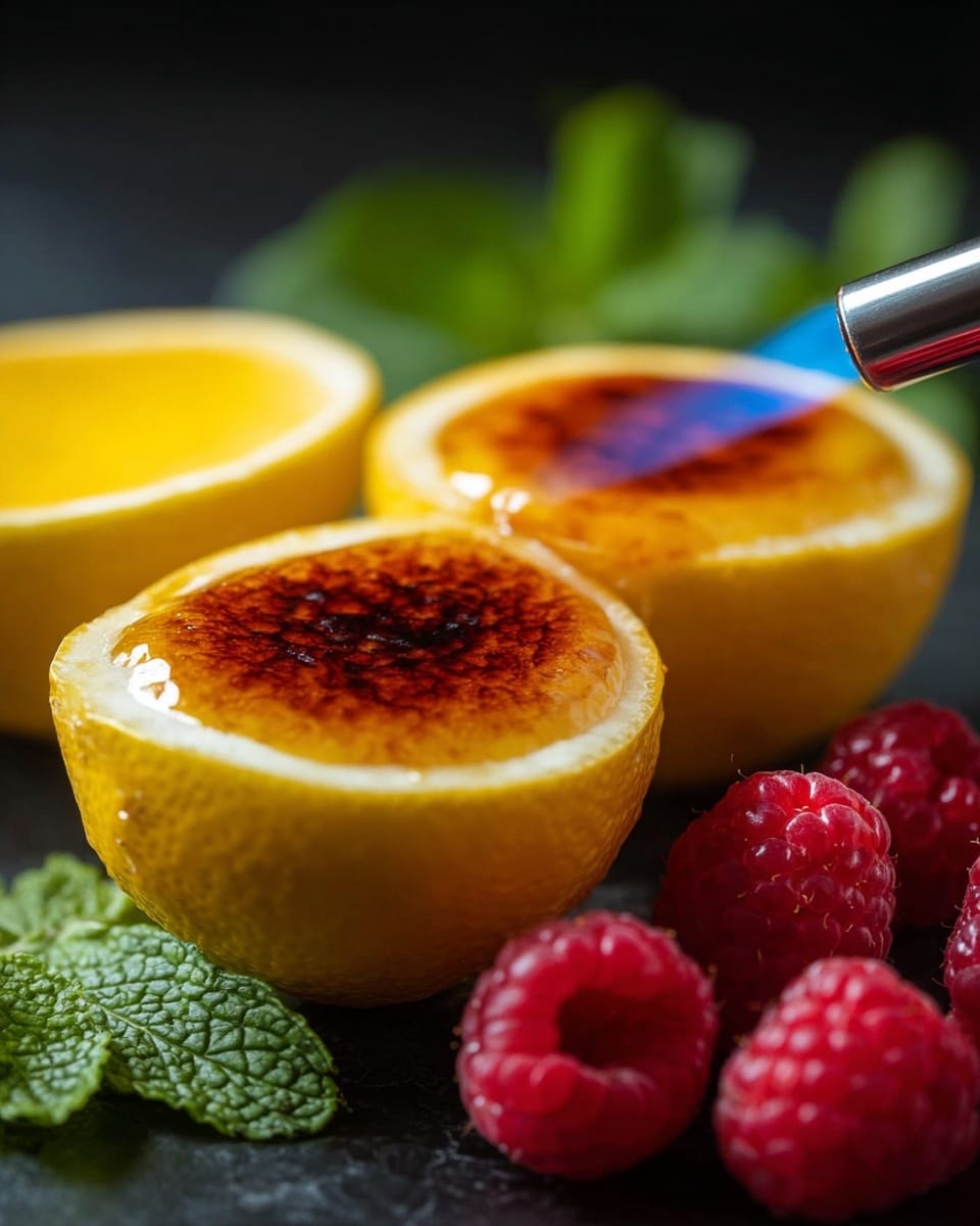 The image shows two lemon halves filled with a smooth yellow custard-like filling, with one half being caramelized on the top with a shiny, dark brown layer being torched by a flame. The lemons have a bright yellow rind with a slightly rough texture. Around the lemons, there are several bright red raspberries scattered on a dark surface, and green mint leaves are blurred in the background. The scene is detailed and close-up, highlighting the contrast between the caramelized top and the fresh lemons. Photo taken with an iphone --ar 4:5 --v 7