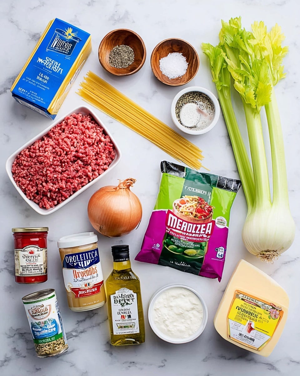 A flat lay image of various ingredients for a meal displayed on a white marbled surface. Starting from the top left, there is a blue box of spaghetti pasta, followed by two small wooden bowls containing salt and black pepper. Below the bowls is a whole yellow onion, two celery stalks lying diagonally from the bottom center to the top right, and a packet of shredded mozzarella cheese with green and purple on the packaging. On the bottom left is a white tray of ground beef with a pink label, next to a clear bottle of olive oil with a spout, a can of tomato paste, a can of diced tomatoes, a small jar of Italian herb blend, a container of garlic powder, a carton of ground nutmeg, a round white container of sour cream, a round white container of ricotta cheese with a green label, a block of cream cheese in white packaging, and a wedge of parmesan cheese with a yellow label on the far right. photo taken with an iphone --ar 4:5 --v 7