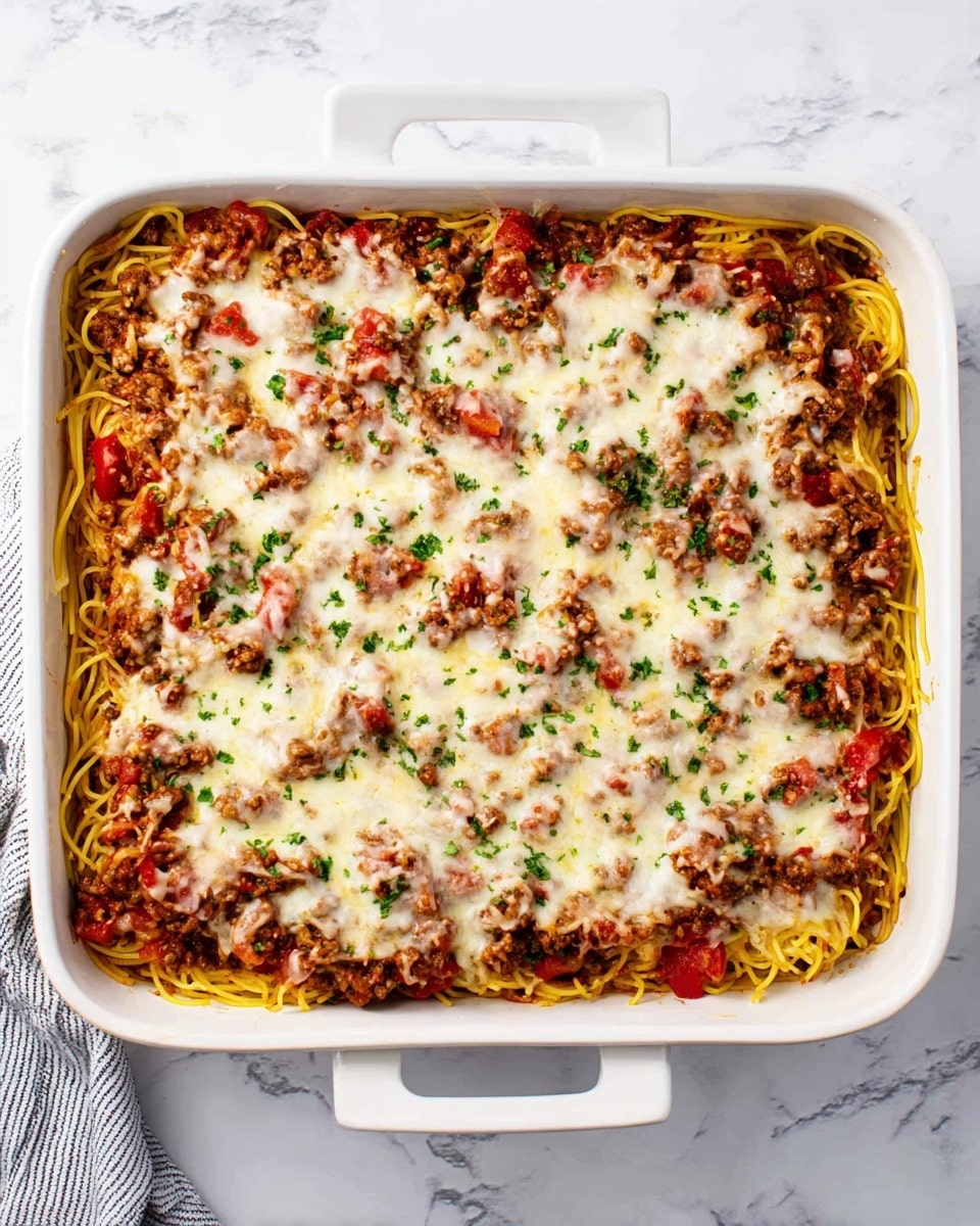 The dish is a baked pasta served in a white rectangular casserole dish with handles on each side, placed on a white marbled surface. The bottom layer consists of thin yellow noodles spread evenly across the dish. On top of the noodles is a layer of cooked ground meat mixed with small chunks of red tomato pieces. The top layer is lightly browned melted cheese that covers the meat and tomato layer, sprinkled with small bits of green herbs for color contrast. The edges of the casserole show the noodles slightly peeking out under the meat and cheese layers. Photo taken with an iphone --ar 4:5 --v 7