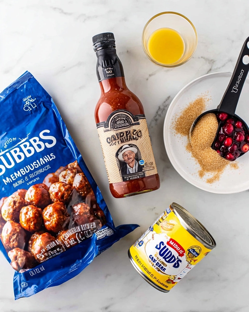 The image shows a blue bag of frozen homestyle meatballs lying flat on a white marbled surface, next to a bottle of Stubb’s original BBQ sauce with a paper label showing a man in a hat. To the right, there is a white plate holding a black measuring spoon filled with light brown sugar, with some sugar spilled on the plate. Beside that is an open can of cranberry sauce with a yellow and white label showing cranberries, and a small glass cup filled with a yellow liquid, all placed neatly on the white marbled background photo taken with an iphone --ar 4:5 --v 7
