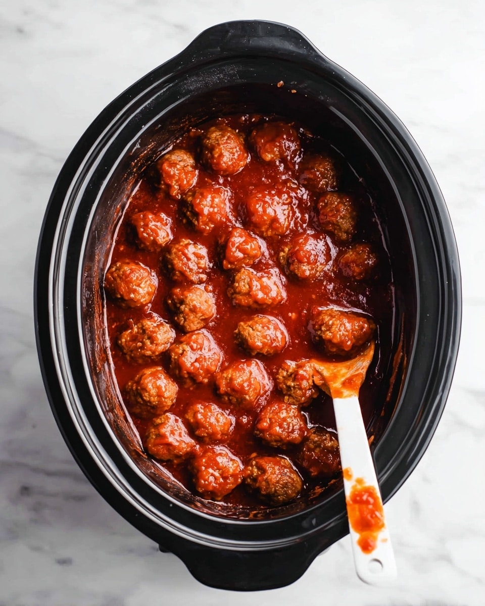 A black slow cooker filled with two layers of small round meatballs covered in a thick, shiny red sauce. The meatballs are fully coated and sit inside the oval-shaped cooker, which has handles on each side. Next to the cooker is a white spoon with some of the red sauce smeared on its handle, resting on a white marbled surface. The overall look is warm and rich, showing the contrast between the black cooker, the bright red sauce, and the white marbled background photo taken with an iphone --ar 4:5 --v 7
