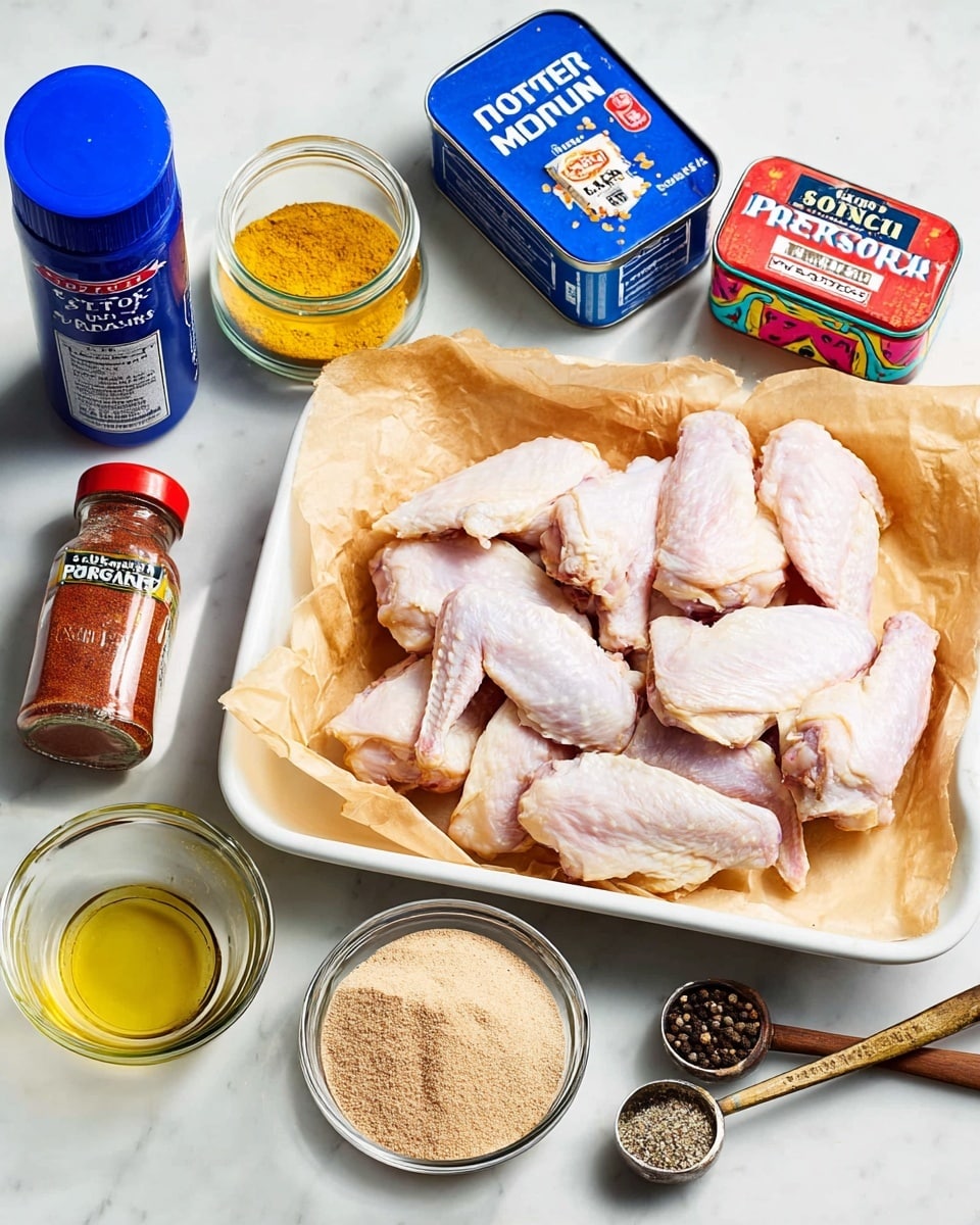 A white rectangular tray lined with brown parchment paper holds a pile of raw chicken wings, pale pink and plump with smooth skin, arranged loosely on the right side of the image. Above the wings, a row of small spice containers is lined up on a white marbled surface: from left to right, there is a clear glass jar of yellow garlic powder, a small bottle of reddish paprika powder, a blue box of onion powder, and a colorful tin of smoked paprika. To the left of the wings, there is a large blue Morton iodized salt container standing upright, next to a small round glass bowl filled with clear cooking oil. Below the oil, an open glass jar filled with light brown brown sugar is placed, along with a metal measuring spoon inside it. Nearby, a small round jar with coarse black and white black pepper sits with a dark wooden spoon inside. The entire scene is bright and well-lit with a clean, white marbled background. Photo taken with an iphone --ar 4:5 --v 7