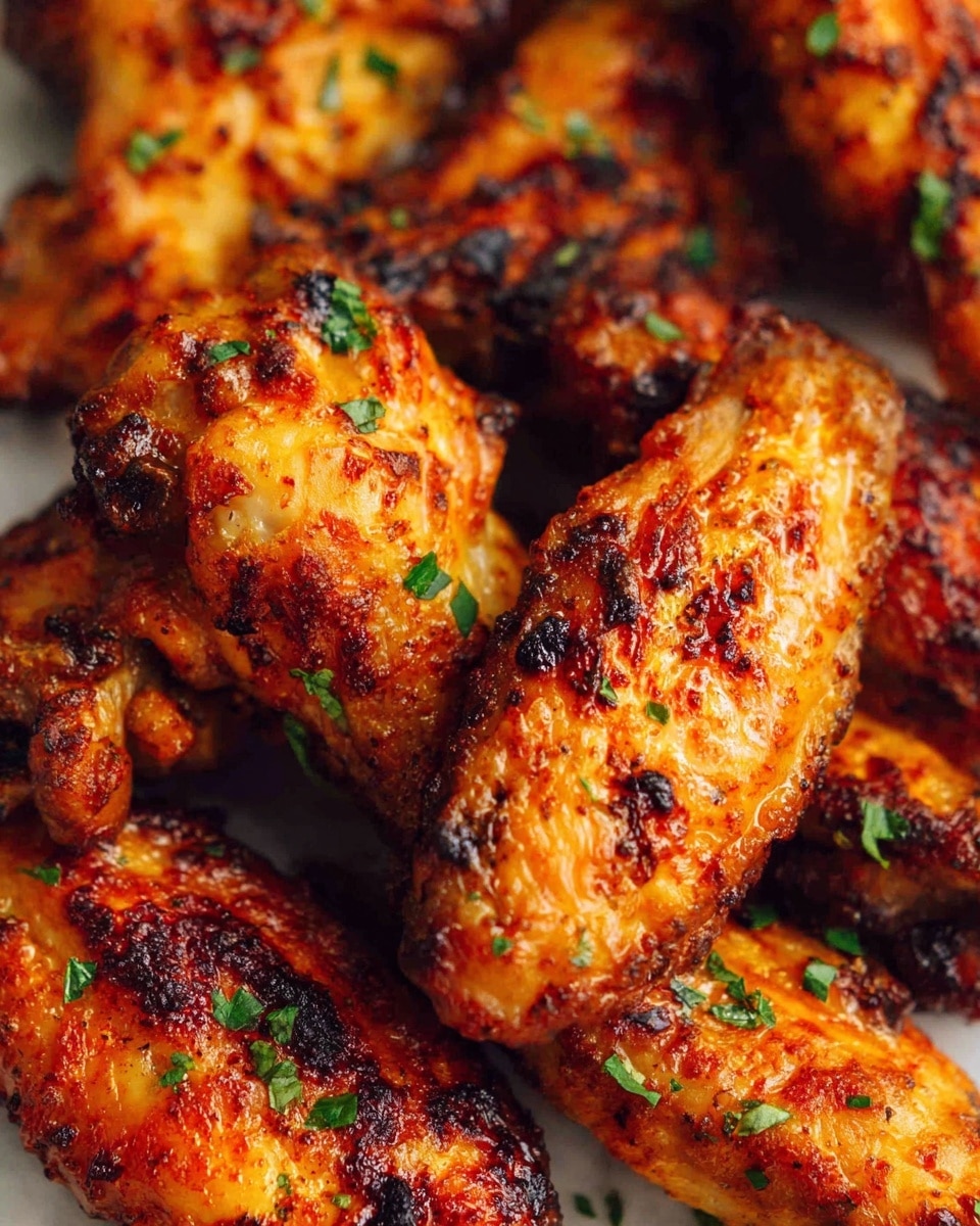 A close-up view of multiple golden brown grilled chicken wings with a crispy and slightly charred texture, sprinkled with small bits of fresh green herbs, resting on a white marbled surface. The chicken wings have a rich, warm orange color with darker burnt spots and glistening skin showing a juicy appearance. photo taken with an iphone --ar 4:5 --v 7