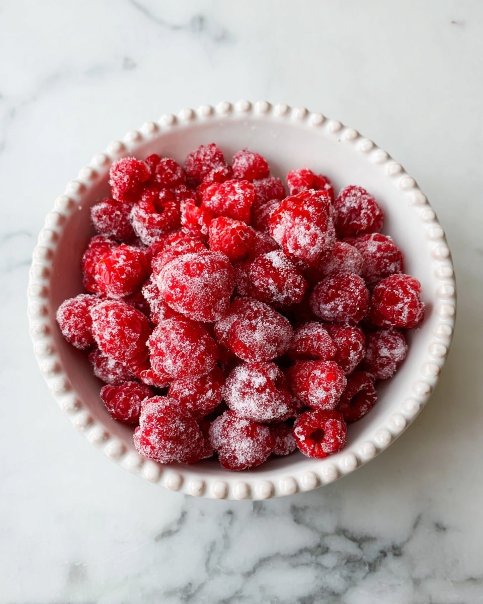 The image shows a white round bowl with a beaded edge filled with bright red raspberries that look fresh and slightly dusted with white powder, giving a frosted look. The raspberries fill the bowl unevenly, showing their bumpy texture and juicy appearance. The bowl is placed on a white marbled surface with subtle gray veins. The focus is on the sharp, vibrant berries with no other items in the frame. photo taken with an iphone --ar 4:5 --v 7