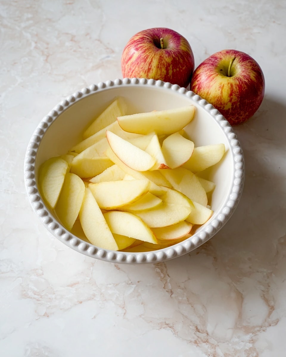 A white bowl with a beaded edge is filled with thin, pale yellow slices of apple, layered loosely to show soft textures and slight curves. Two whole apples with red and yellow skin are placed near the bowl on a white marbled surface, giving a fresh and simple look. The pale colors of the apple slices contrast softly with the smooth white bowl and the marbled background. photo taken with an iphone --ar 4:5 --v 7