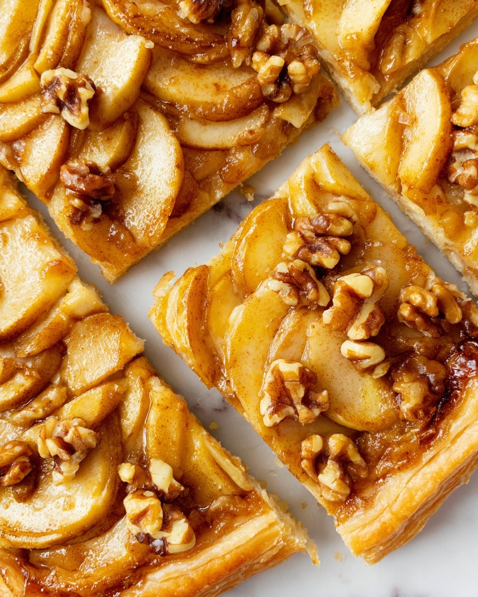 The image shows a close-up view of a baked apple tart cut into four square pieces, arranged on a white marbled surface. The tart has one main layer of golden brown flaky crust as the base. On top, there are thin slices of caramelized light yellow and golden apples spread evenly across the tart in overlapping rows. A light brown glaze covers the apples, giving them a shiny, slightly sticky look. Rough chunks of walnuts with tan and brown shades are scattered over the apple layer, adding texture and contrast. The edges of the crust are puffed and slightly darker, showing a baked crispness. photo taken with an iphone --ar 4:5 --v 7