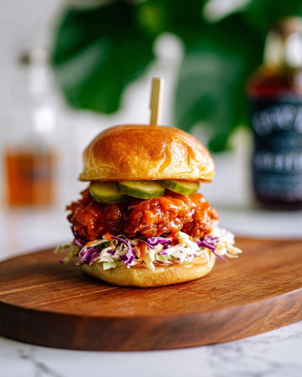 A small sandwich with a soft, shiny golden brown bun on top, held together with a bamboo pick; underneath the top bun are two green pickle slices, followed by a thick, saucy, crispy fried chicken patty covered in a bright reddish-orange sauce; below the chicken is a layer of creamy coleslaw with purple and white cabbage strands on a slightly toasted bottom bun. The sandwich sits on a round wooden board, with a blurred bottle and green leaves in the background on a white marbled surface. Photo taken with an iphone --ar 4:5 --v 7