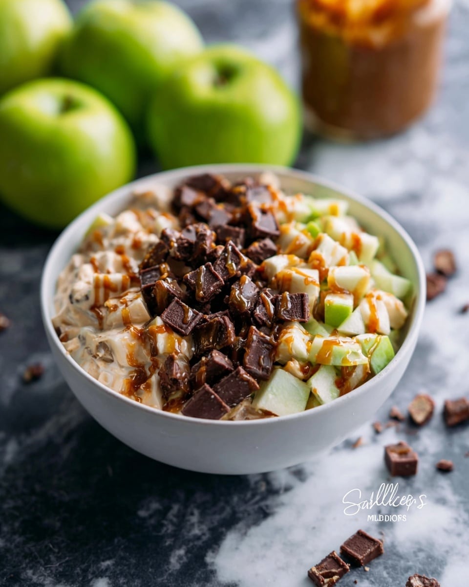 In a white bowl, there is a salad with three visible layers: the bottom layer is creamy, light-colored dressing mixed with small pieces of green apple; the middle layer shows chopped green apple pieces blending with the dressing; and the top layer is a pile of small, dark brown chunks resembling chopped candy bars with caramel drizzle on some parts. The bowl is placed on a white marbled surface, with green apples and a jar of caramel sauce blurred in the background. Photo taken with an iphone --ar 4:5 --v 7