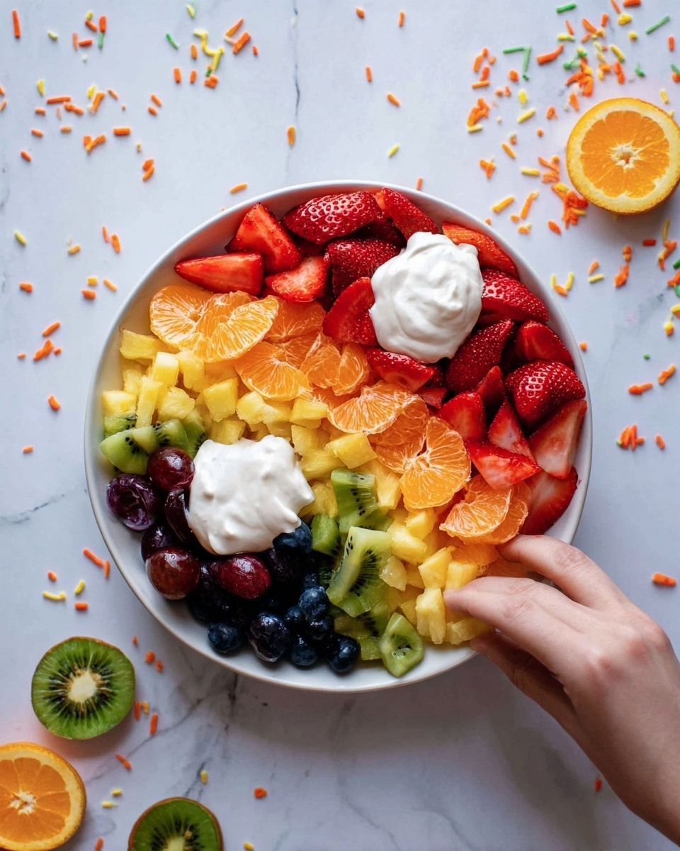 A white plate filled with five layers of colorful fruit arranged in a circular pattern: large red strawberry pieces form the outer layer, followed by bright orange mandarin segments, then yellow pineapple pieces, next a layer of green kiwi chunks, and at the center, a mix of dark purple grapes and blueberries. Two dollops of creamy white yogurt are placed opposite each other on the edge of the plate. A woman's hand is reaching to take a strawberry piece. The plate is on a white marbled surface with scattered grapes, orange citrus halves, sliced kiwi, and small orange sprinkles around. Photo taken with an iphone --ar 4:5 --v 7