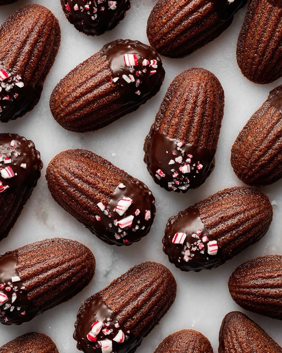 The image shows many small chocolate madeleine cakes arranged on a white marbled surface. Each madeleine is dark brown with a textured, ridged shell shape. About half of each madeleine is dipped in glossy dark chocolate and sprinkled with small white and red crushed peppermint pieces. The contrast between the smooth dark chocolate, the rough peppermint bits, and the soft cake texture is clear. The cakes are placed close to each other without overlapping, creating a neat pattern. photo taken with an iphone --ar 4:5 --v 7