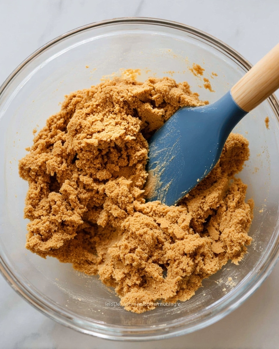 A clear glass bowl holds a single layer of thick, crumbly, light brown dough with a coarse texture. A blue silicone spatula with a wooden handle is partially inserted into the dough on the right side, blending into the mixture with some dough stuck to it. The bowl rests on a white marbled surface, and the lighting softly highlights the dough’s rough texture and warm color. photo taken with an iphone --ar 4:5 --v 7