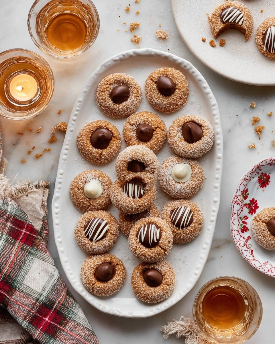 A white oval plate holds fifteen round cookies, each coated with a layer of coarse sugar giving a sparkly texture. Each cookie has a chocolate piece in the center, with two types alternating: smooth brown chocolate and white chocolate with thin dark brown stripes. One cookie at the top left has a bite taken, showing a soft brown inside and the white and dark striped chocolate on top. The plate is set on a white marbled surface with scattered crumbs around. Nearby are two glasses with a golden drink, a lit candle in a glass holder, and a white plate with a few crumbs and a partly eaten cookie. A napkin with a red embroidered sprig and a plaid cloth are also visible. photo taken with an iphone --ar 4:5 --v 7