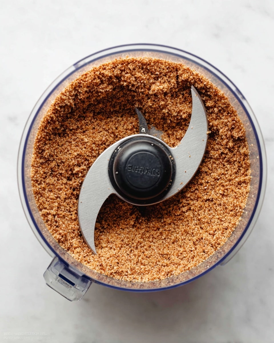 The image shows a clear round food processor bowl filled with finely ground brown almond meal. The almond meal has a crumbly texture with small pieces, and its color varies from light to dark brown. In the center of the bowl, there is a metal blade with two sharp curved edges attached to a black central spindle. The food processor bowl sits on a white marbled surface, and the photo is taken from directly above. photo taken with an iphone --ar 4:5 --v 7