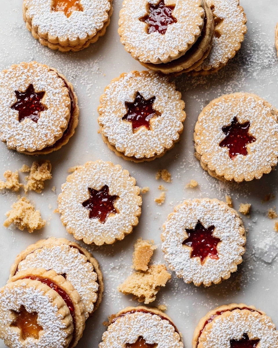 The image shows many round jam-filled cookies arranged on a white marbled surface. Each cookie has two layers: a light golden brown bottom layer and a top layer with a star-shaped cutout in the center, showing red or orange jam inside. The top cookie layer is dusted with white powdered sugar, giving a soft textured look. Some cookies are placed flat, while others are stacked in pairs, showing the jam layer between them. Crumbs and broken cookie pieces are scattered casually around the cookies. The overall colors are warm beige, deep red, bright orange, and white powder on a smooth white marble background. photo taken with an iphone --ar 4:5 --v 7