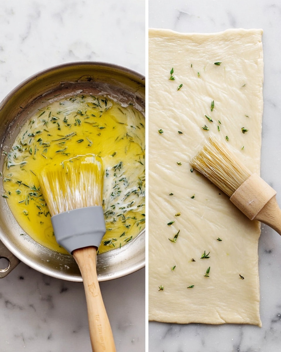 The image shows two side-by-side scenes: on the left, a silver pan with melted butter mixed with small green herb leaves being stirred by a gray spatula with a wooden handle, all placed on a white marbled surface; on the right, a light wooden brush with soft brown bristles is gently spreading the same butter and herb mixture on a thin, smooth, light beige sheet of dough, with a few scattered green herb leaves on the dough and the white marbled background visible underneath photo taken with an iphone --ar 4:5 --v 7
