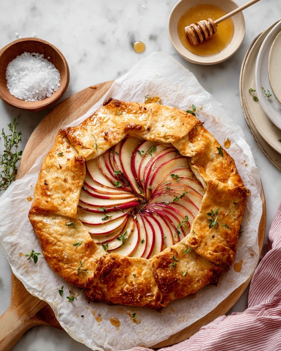 A round galette with a crispy, golden-brown flaky crust made of several rough, folded layers of thin pastry surrounds the center, where thin slices of red and white fruit are arranged in a fanned pattern. Small green herb leaves are scattered on top of the crust. The galette is placed on white parchment paper over a wooden board on a white marbled surface. Next to it is a wooden bowl with white coarse salt, a small bowl with honey and a honey dipper, a glass of water with ice, and a white stack of plates. A pink-white striped cloth is partially visible on the bottom right. Photo taken with an iphone --ar 4:5 --v 7