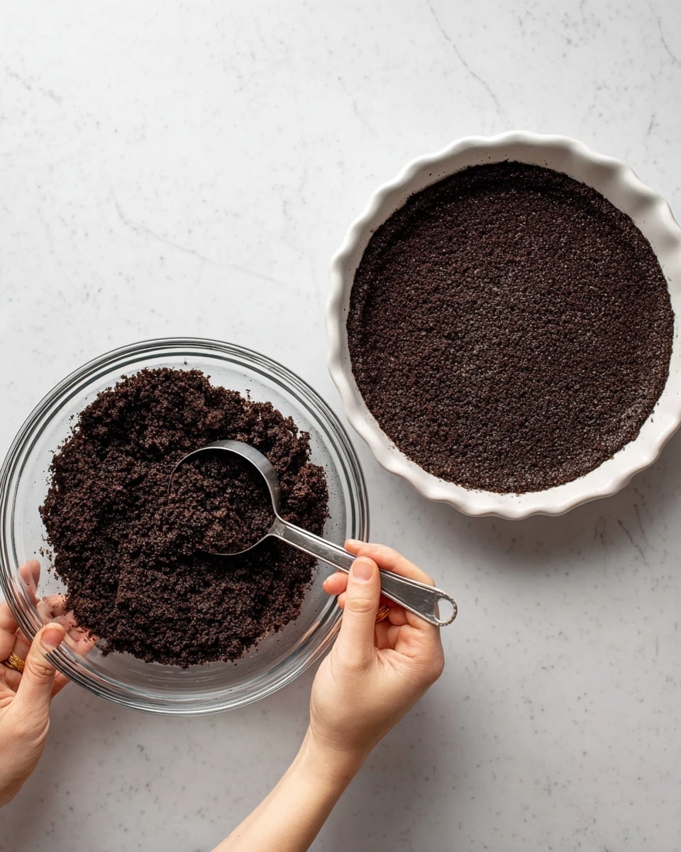 The image shows two steps of making a dark chocolate crumb crust. On the left side, there is a clear glass bowl filled with a loose, dark brown crumb mixture that looks moist and textured, with a silver spoon resting inside it. On the right side, a white round glass pie dish is filled with the same crumb mixture pressed evenly against the bottom and sides, forming a smooth, solid layer. A woman's hand is using a small silver measuring cup to press and pack down the crust evenly in the dish, while her other hand holds the pie dish steady on a white marbled surface. photo taken with an iphone --ar 4:5 --v 7