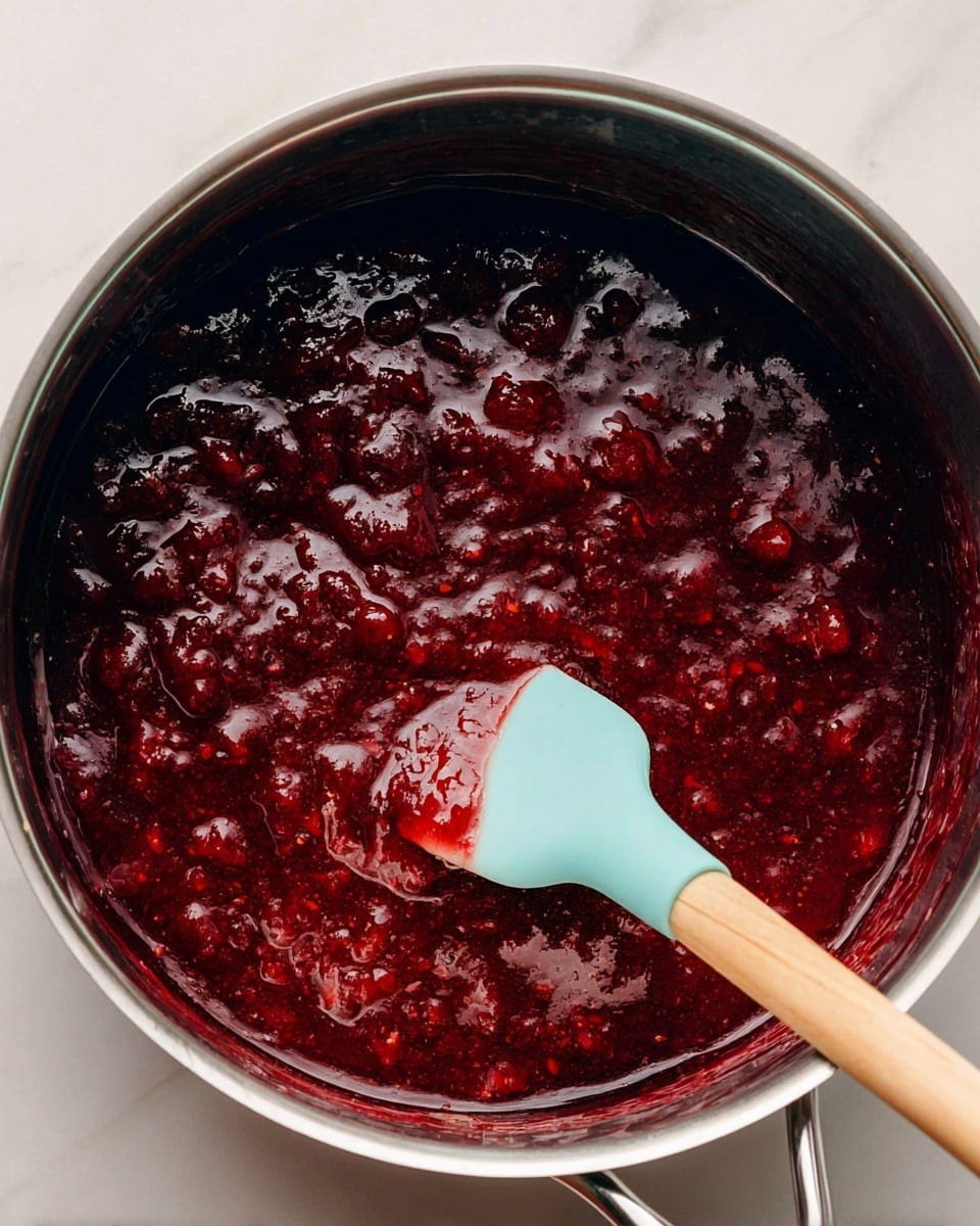 The image shows a close-up of a shiny silver pot filled with a thick, deep red sauce that has a chunky texture, with visible pieces of fruit. A light blue spatula with a wooden handle is partially dipped into the sauce on the right side, showing the glossy and slightly sticky surface of the mixture. The pot sits on a white marbled surface, adding a clean and bright contrast to the dark rich color of the sauce. Photo taken with an iphone --ar 4:5 --v 7
