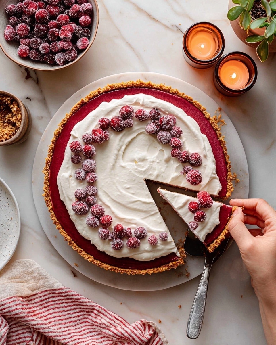 A round tart with three clear layers sits on a white marbled surface: the bottom crust is golden brown and crumbly, the middle layer is a smooth, deep red filling, and the top layer is a fluffy white cream spread unevenly with swirls, decorated with small red sugared berries scattered across it. A slice is being lifted from the tart by a woman's hand holding a metal spatula. Nearby, a bowl filled with more sugared red berries, two lit candles in brown glass holders, and a small plant pot with green leaves are arranged on the white marbled surface. A red and white striped cloth is partially visible at the corner. Photo taken with an iphone --ar 4:5 --v 7