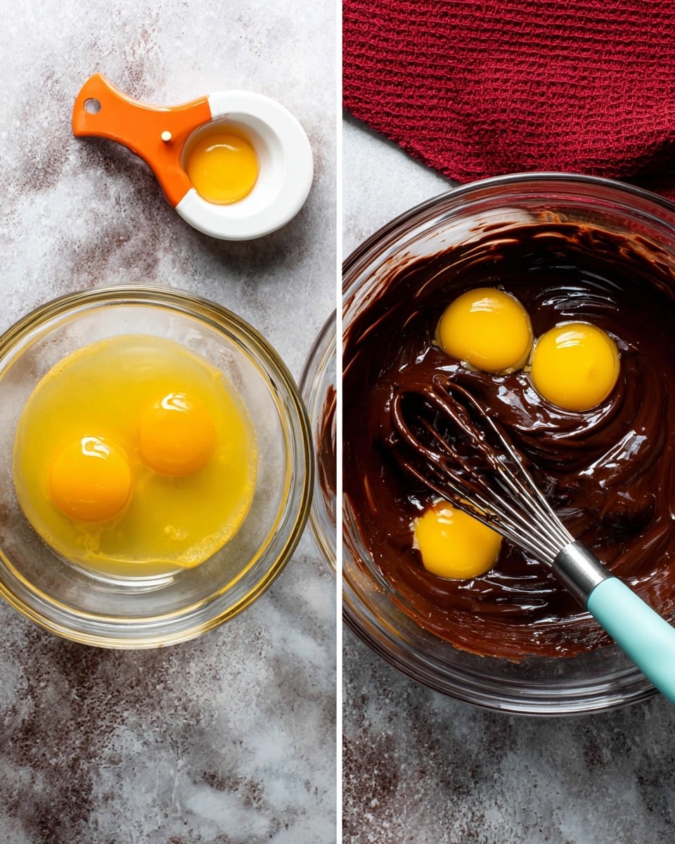 The image shows two side-by-side glass bowls on a white marbled surface. The left bowl is empty except for a white and orange egg separator placed on the edge with a bright yellow egg yolk sitting in it, while the egg white rests in the bowl below. The right bowl contains a smooth, dark brown chocolate mixture with three bright yellow egg yolks on top. A metal whisk with a light blue handle is partially immersed in the chocolate mixture, ready to stir. A red cloth is partially visible near the top edge. photo taken with an iphone --ar 4:5 --v 7