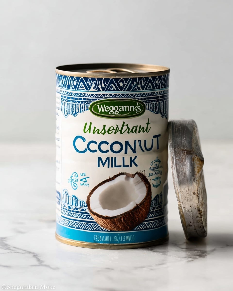 A can of Wegmans Organic Unsweetened Coconut Milk stands open on a white marbled surface. The can shows a design with a blue top and bottom band decorated with a tribal pattern, and a white middle section featuring the brand name in green with black text below reading