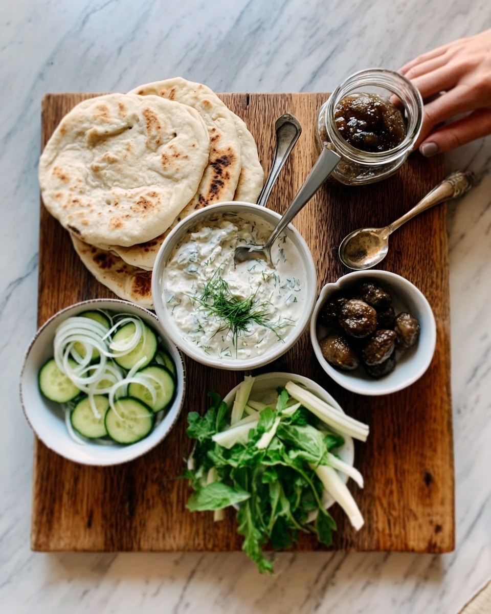 A wooden board holds six items arranged neatly on a white marbled surface. On the left, there are stacked flatbreads, light beige with slight browning, beside a small white bowl filled with a creamy white sauce with herbs and a silver spoon resting inside. Next to it is a small white bowl with thinly sliced white onions mixed with light green slices, possibly pickles. In the center, a small white plate shows fresh cucumber slices arranged in a circular pattern with green herbs on top and a small bunch of leafy greens beside it. To the right, a small white bowl contains dark brown cooked mushrooms. Above, a glass jar with a dark sauce or jam has a silver spoon inside. The woman's hand is gently reaching toward the creamy sauce bowl. photo taken with an iphone --ar 4:5 --v 7