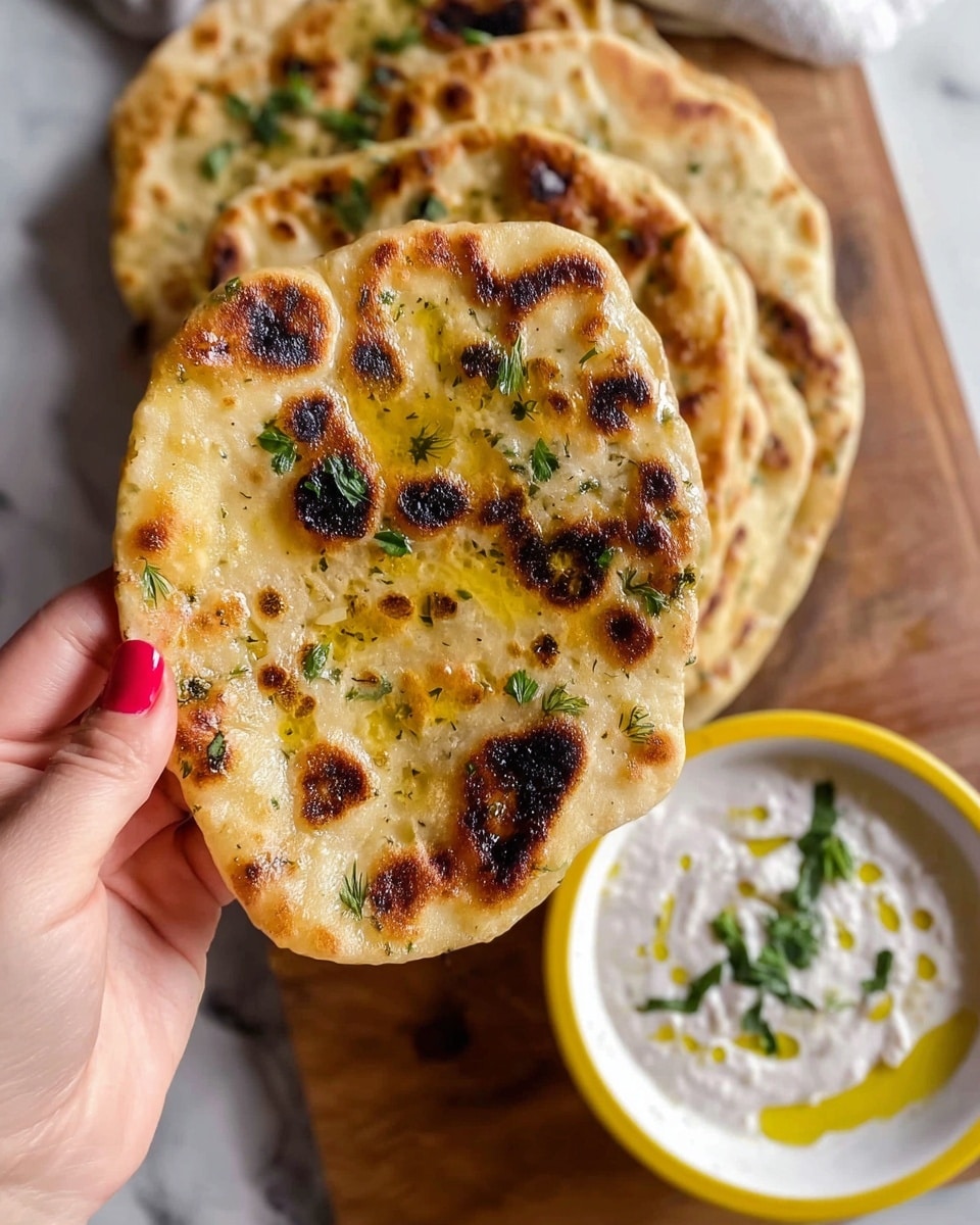 A woman’s hand with red nails holds a round, golden flatbread showing charred brown spots and shiny yellow oil drops, sprinkled with green herb pieces; underneath, more flatbreads are stacked on a wooden board, some partially visible with similar brown and golden textures; in the bottom right corner, a white bowl with a yellow rim holds a creamy white sauce topped with green herbs and drizzles of oil; the setting is on a white marbled surface photo taken with an iphone --ar 4:5 --v 7