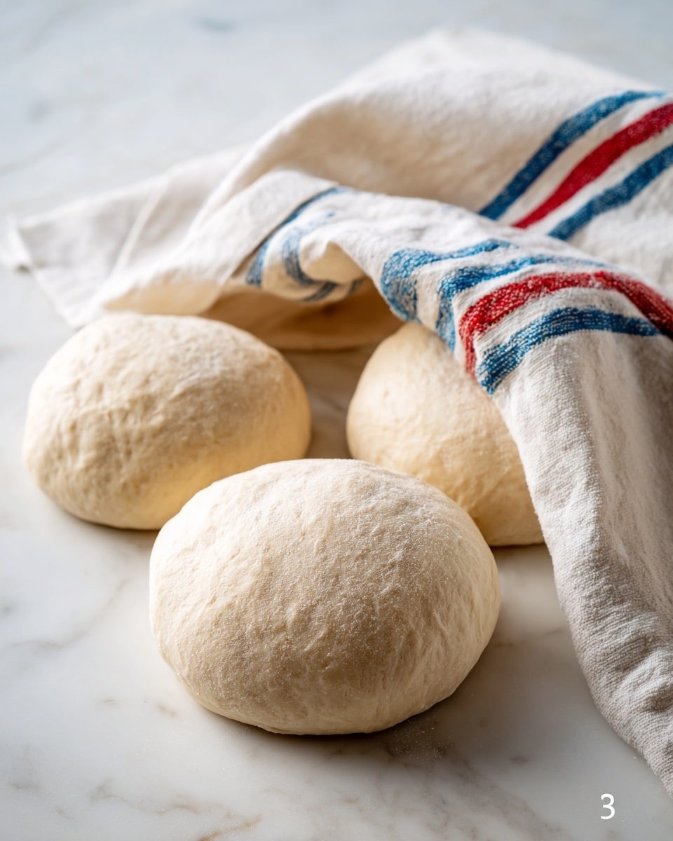 The image shows three smooth, round dough balls placed on a white marbled surface. One dough ball is closer to the front, with two others slightly behind it and partially covered by a white cloth with blue and red stripes. The dough balls have a soft, pale beige color with a slightly shiny texture, suggesting they are fresh and ready for baking. The cloth is draped casually over the back dough balls, adding a cozy and simple kitchen feel to the scene. Photo taken with an iphone --ar 4:5 --v 7
