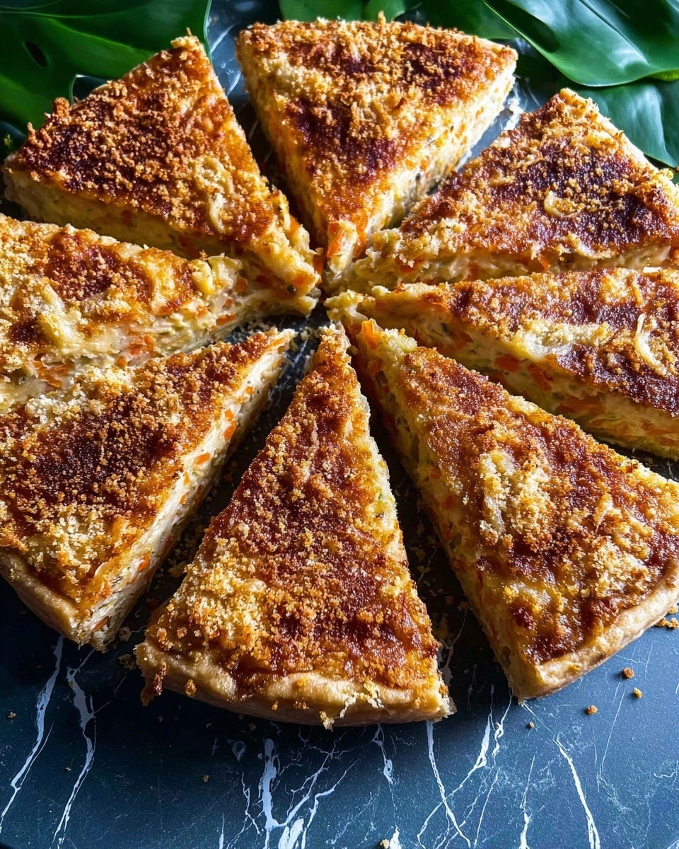 The image shows a round, golden-brown flatbread cut into eight even triangular slices arranged in a circle on a dark cutting board. The flatbread’s surface is textured with small yellow crumbs sprinkled evenly on top, giving it a crispy, crispy look with some darker toasted spots. On the upper left side of the board, there is a small bunch of fresh, bright green leafy herbs. To the upper right, a white bowl with a blue outside edge holds a creamy white dip, topped with oil, red pepper flakes, and green herbs. The entire setting is placed on a white marbled surface. Photo taken with an iphone --ar 4:5 --v 7
