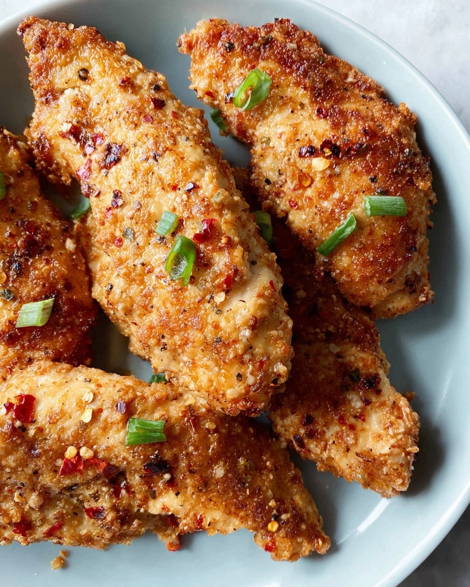 A close-up of five pieces of cooked chicken tenders arranged closely on a white plate with a light blue interior. The chicken tenders have a golden-brown crispy texture with visible seasoning, including small green onion slices and red pepper flakes sprinkled over them. The surface of the chicken looks crunchy with some darker browned edges, and the plate is placed on a white marbled texture background. photo taken with an iphone --ar 4:5 --v 7