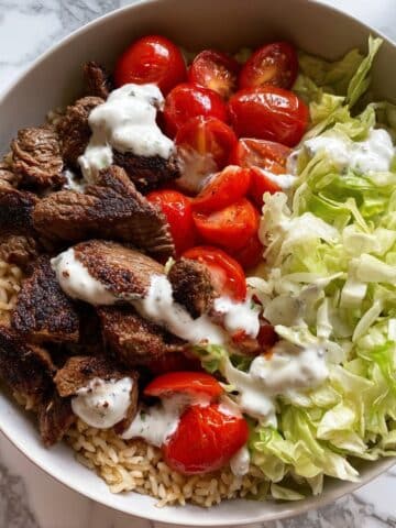 Steak and Rice Bowls with Lazy Tzatziki Sauce Recipe