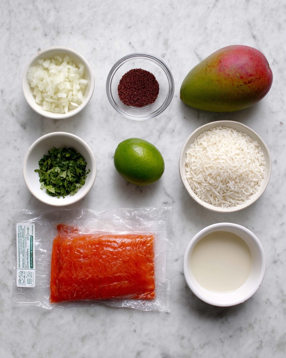 The image shows seven food items arranged neatly on a white marbled surface. From left to right, the top row has a white bowl filled with finely chopped shallots, a small clear glass bowl with dark red powder spices, a whole mango with green and red skin, a small green lime, and a small white bowl filled with chopped green herbs. On the bottom row, left to right, there is a white bowl filled with uncooked white rice, a vacuum-sealed pack of bright orange wild Alaskan salmon, and a white bowl containing a creamy white liquid. All items are evenly spaced and displayed clearly. Photo taken with an iphone --ar 4:5 --v 7