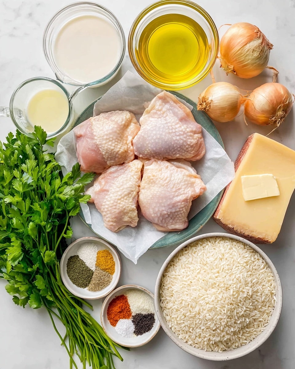 A top view of raw ingredients for cooking on a white marbled surface, showing four pieces of raw chicken thighs with pale pink skin on parchment paper over a plate, next to a wedge of pale yellow hard cheese, three light brown shallots, a whole white garlic bulb, and a large bunch of bright green fresh parsley. Surrounding these are clear glass measuring cups filled with white cream and light yellow broth, a small white bowl with yellow light oil, a white dish holding five piles of spices in green, black, orange, white, and beige, a pale gray bowl filled with uncooked white rice, and a small white bowl with a square piece of light yellow butter. The arrangement is neat and colorful, photo taken with an iphone --ar 4:5 --v 7