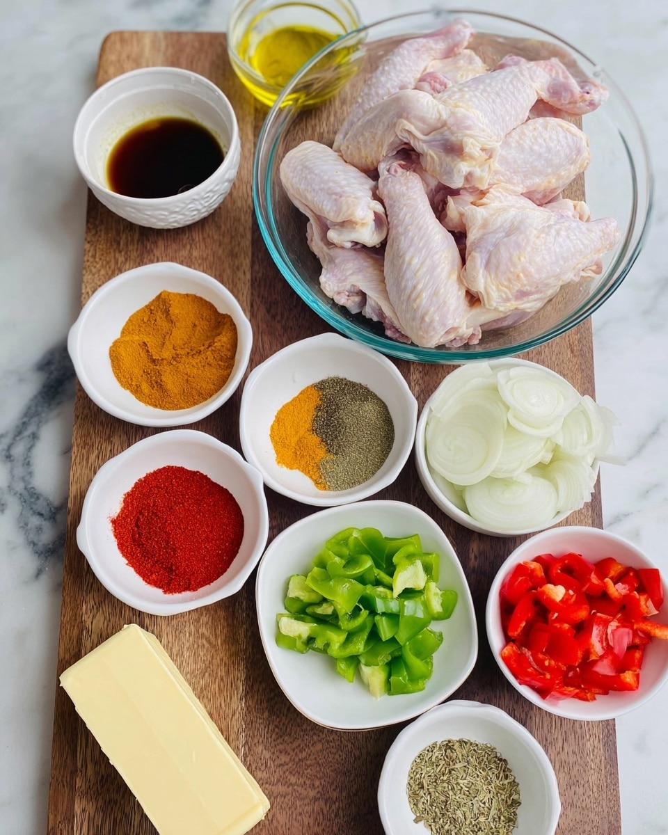 A wooden board holds a clear glass bowl filled with raw chicken wings, pale pink with visible skin texture. Around the bowl are small white bowls containing various spices and ingredients: one bowl has bright orange powder, another with light yellow powder, one with red powder, and several with greenish dried herbs. There are fresh chopped green and red bell peppers in separate white bowls, and sliced white onions in another. Two small white bowls hold a dark liquid and a golden yellow olive oil. A stick of unsalted butter wrapped in yellow paper sits next to the bowls. All are placed on a white marbled surface. Photo taken with an iphone --ar 4:5 --v 7