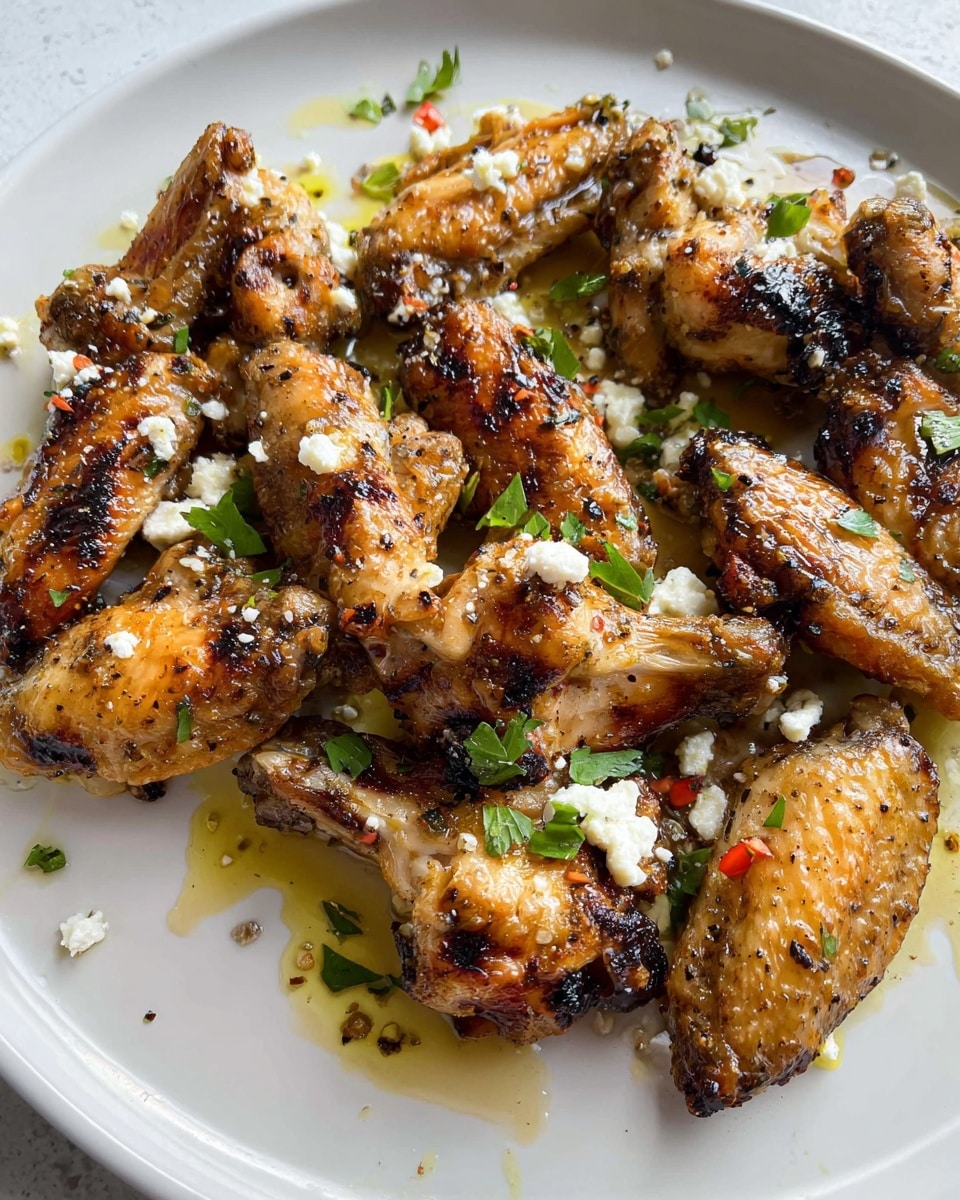 A white plate holds about twelve golden-brown grilled chicken wings, each wing showing crisp, charred spots and textured skin with visible seasoning. Scattered over the wings are small white crumbles of cheese and diced green herbs adding a fresh contrast. The wings sit in light pools of yellow olive oil mixed with black pepper flakes, giving a shiny glaze to the dish. The background has a white marbled texture, making the colors of the food stand out. photo taken with an iphone --ar 4:5 --v 7