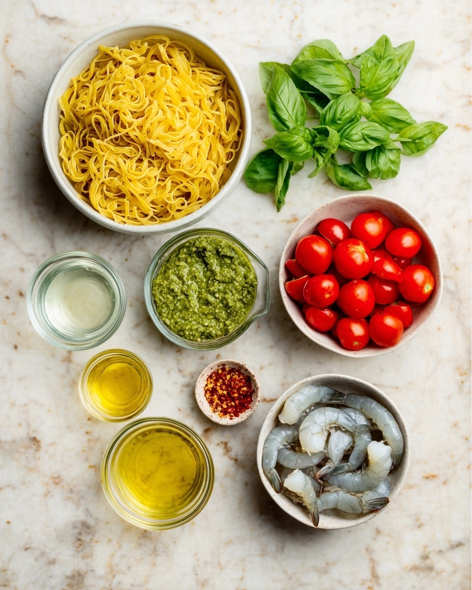A white bowl filled with yellow cooked pasta sits at the top left of the image, next to a small glass bowl of green pesto and fresh green basil leaves arranged to the right. Below these, four more small glass bowls are placed on a white marbled surface: a small amount of clear liquid in the left bowl, golden olive oil next to it, bright red grape tomatoes in a white bowl below, a white bowl containing raw gray shrimp to the right, and a small bowl of red chili flakes to the far right. The setup is bright and fresh with clear separation between each ingredient, all on a white marbled background. Photo taken with an iphone --ar 4:5 --v 7