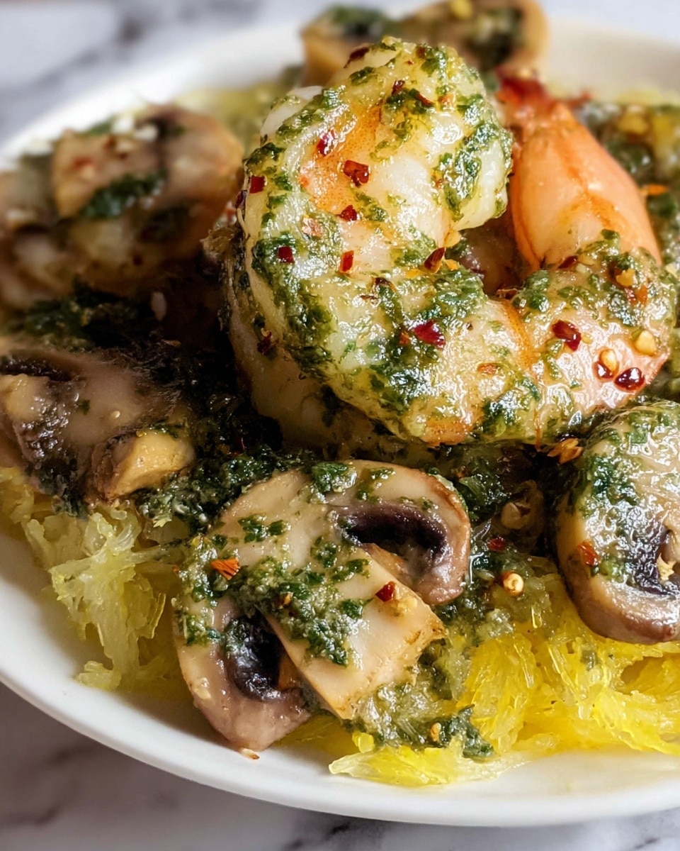 A close-up of a white plate with one large shrimp covered in a green herb sauce with red chili flakes on top, resting on a bed of cooked spaghetti squash strands. Surrounding the shrimp are several sautéed mushroom slices also topped with the same green sauce, creating a rich, shiny texture. The spaghetti squash underneath is yellow and tangled, visible beneath the shrimp and mushrooms. The plate sits on a white marbled surface. photo taken with an iphone --ar 4:5 --v 7