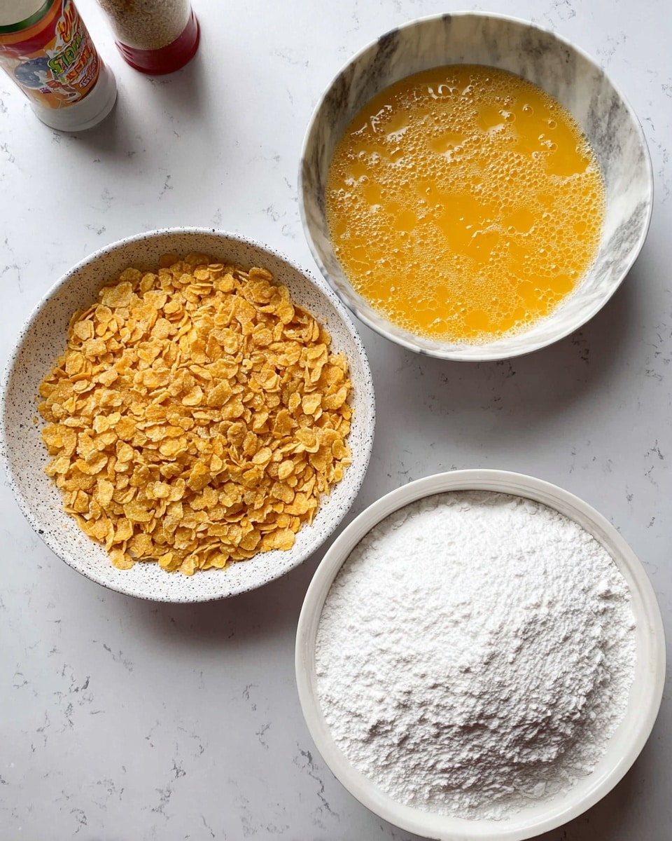 The image shows three bowls on a white marbled surface, each with a different ingredient for cooking. The top right bowl is white with a grey marbled pattern and holds a mix of beaten eggs, yellow-orange in color with small bubbles on top. Below it, slightly to the right, is a white speckled bowl filled with crushed golden-yellow corn flakes, creating a coarse, flaky texture. To the right of the corn flakes bowl, there is a deep white container with a smooth texture, filled with bright white flour that has imprints showing light indentations on the surface. In the top left corner, two seasoning bottles are partially visible. Photo taken with an iphone --ar 4:5 --v 7