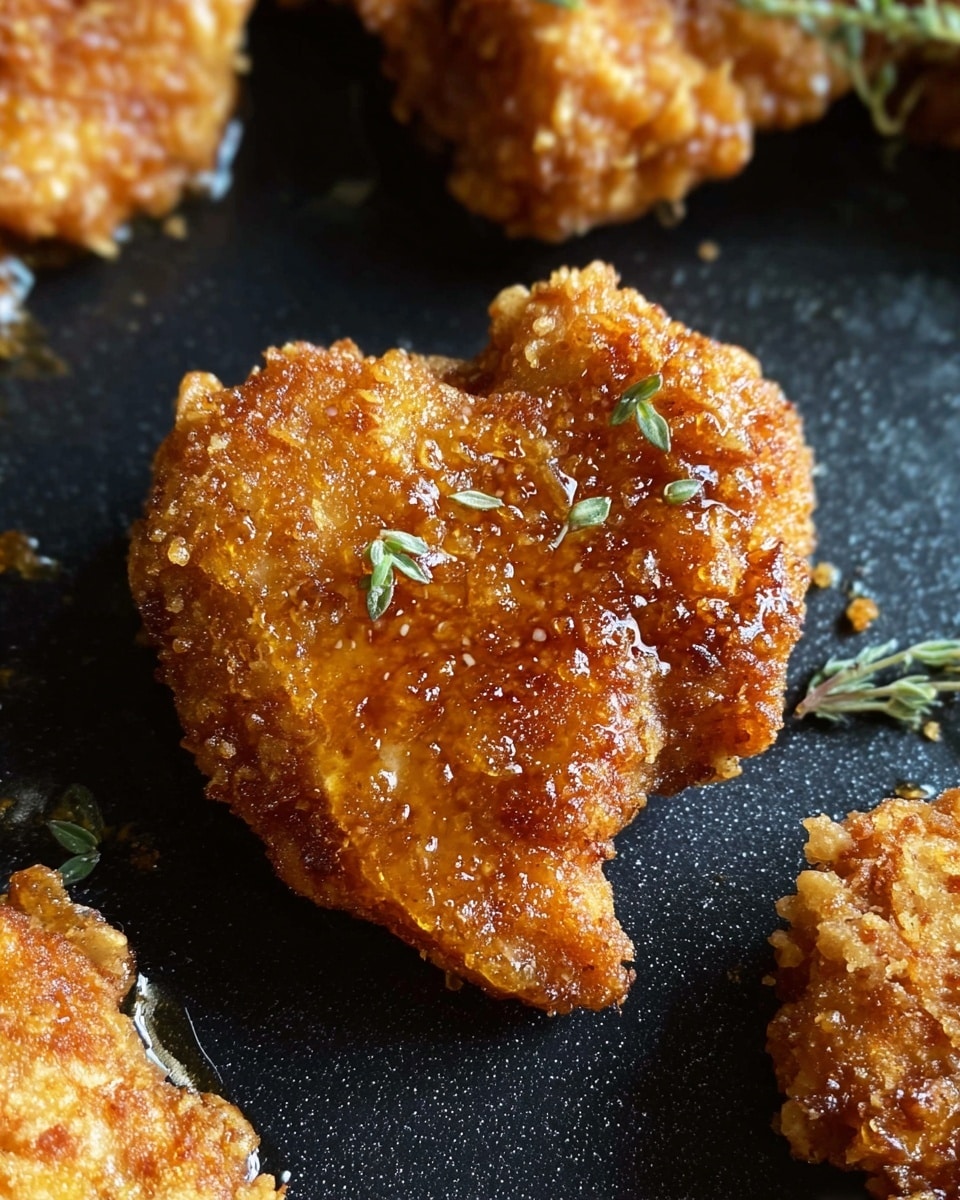 The image shows golden brown crispy fried chicken pieces with a rough, crunchy texture on the outside. One piece is in the center, covered in a shiny layer of honey or syrup that glistens under the light, with small green herb leaves scattered on top. The chicken sits on a dark black cooking surface, with a few other similar pieces partially visible around it. The overall look is warm, crunchy, and glossy with a contrast of light and dark colors. photo taken with an iphone --ar 4:5 --v 7