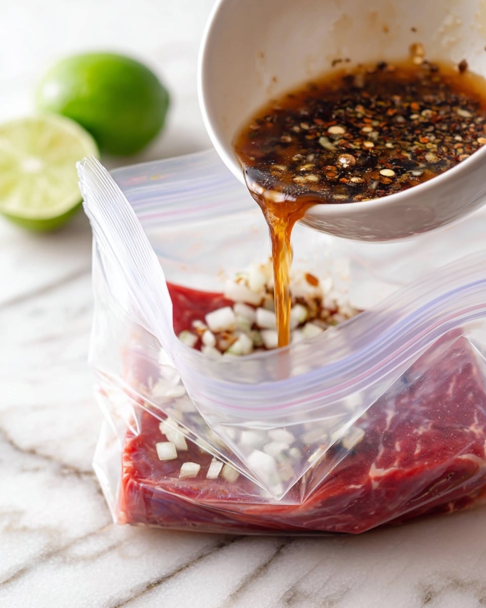 A white bowl pours a dark brown liquid mixed with chopped white onions and small round spices into a clear plastic zip-top bag containing a red slab of meat. The bowl is held above the bag, which stands open on a white marbled surface. In the background, there is a half-cut lime out of focus. photo taken with an iphone --ar 4:5 --v 7